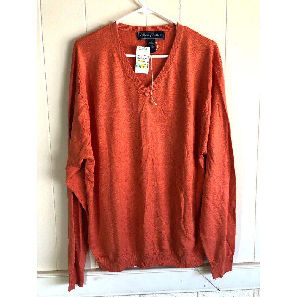 Vtg Y2K NWT Alan Flusser Golf Silk Cashmere V-Neck Pullover Sweater Orange Men L